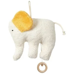 Doudou Boite à Musique éléphant Blanc Et Jaune Coton Bio 16 Cm - Doudou Bio Naturel Efie