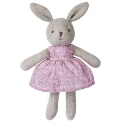 Doudou Peluche Coton Bio Lapine Grise 26cm Robe Rose Fleurie Apple Park™-Jouets Bio Apple Park™